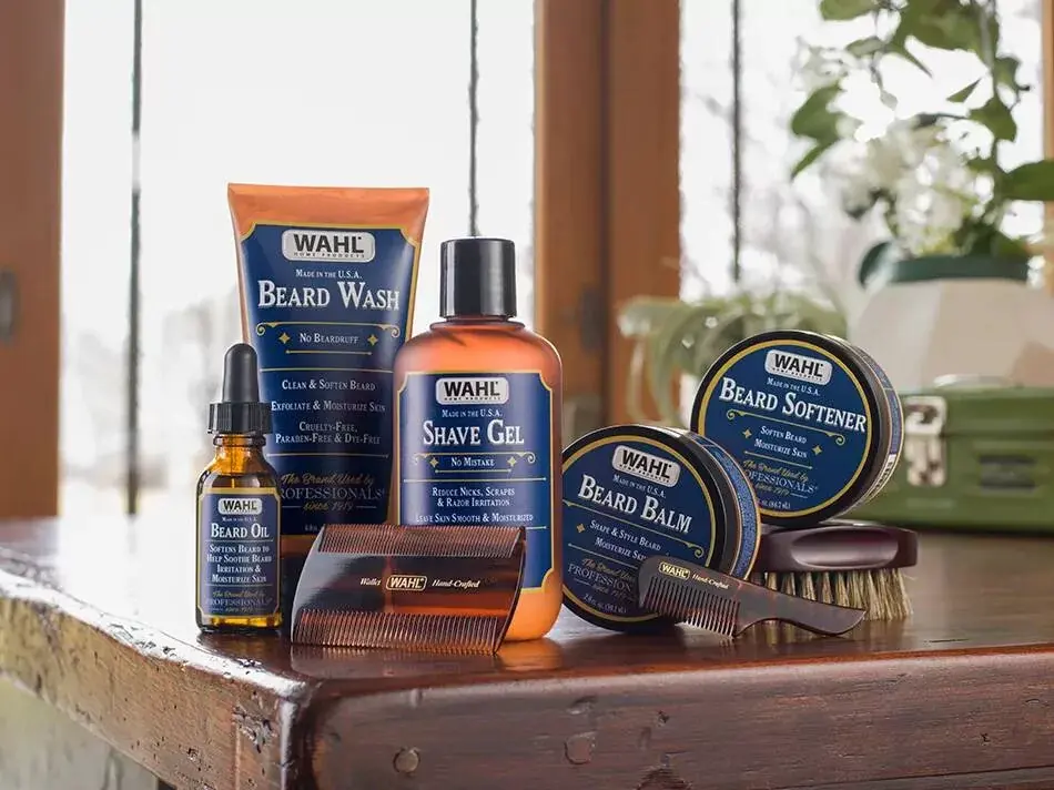 Wahl beard care products on a bathroom counter top.